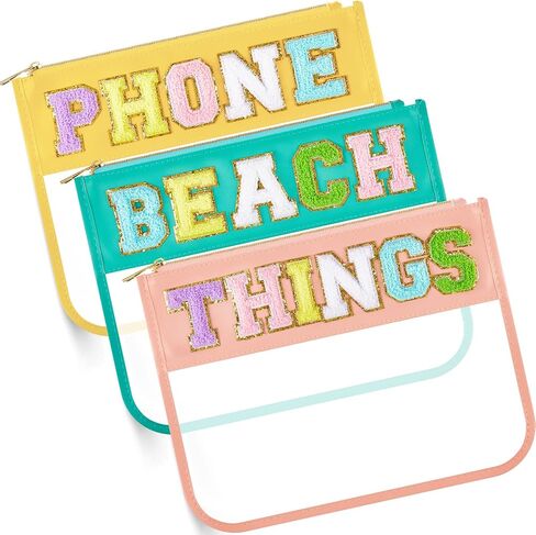 3 Pcs Chenille Letter Clear Zipper Pouch for Travel Waterproof Cosmetic Pouch Clear Snack Bags Nylon Travel Gym Beach Bag Multipurpose Makeup Bag for Women Girl (Classic Color, Travel, Stuff, Snacks) in Kuwait