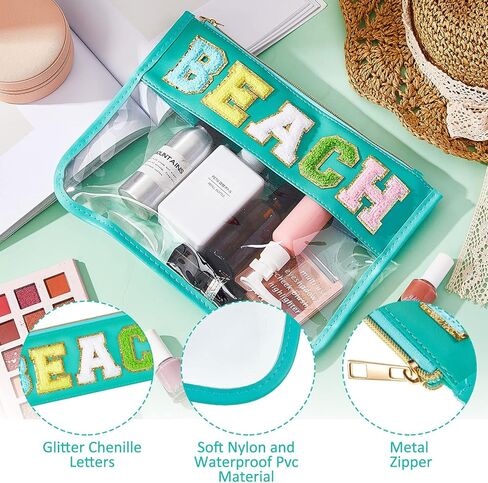 3 Pcs Chenille Letter Clear Zipper Pouch for Travel Waterproof Cosmetic Pouch Clear Snack Bags Nylon Travel Gym Beach Bag Multipurpose Makeup Bag for Women Girl (Classic Color, Travel, Stuff, Snacks) in Kuwait