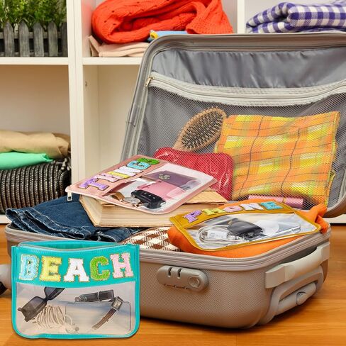 3 Pcs Chenille Letter Clear Zipper Pouch for Travel Waterproof Cosmetic Pouch Clear Snack Bags Nylon Travel Gym Beach Bag Multipurpose Makeup Bag for Women Girl (Classic Color, Travel, Stuff, Snacks) in Kuwait