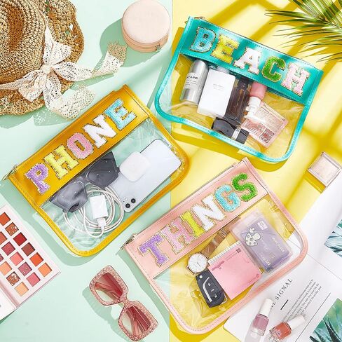 3 Pcs Chenille Letter Clear Zipper Pouch for Travel Waterproof Cosmetic Pouch Clear Snack Bags Nylon Travel Gym Beach Bag Multipurpose Makeup Bag for Women Girl (Classic Color, Travel, Stuff, Snacks) in Kuwait