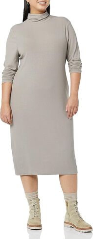 Amazon Essentials Women's Fine Rib Long-Sleeve Turtleneck Midi Dress (Previously Daily Ritual) in Kuwait