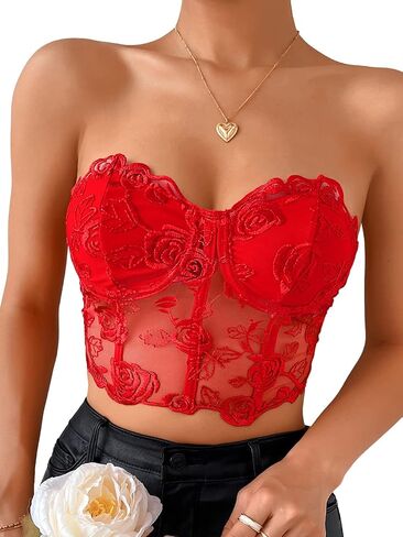 Kaei&Shi Bustier Top, Rose Embroidered, Going Out, Underwire, Removable Straps in Kuwait