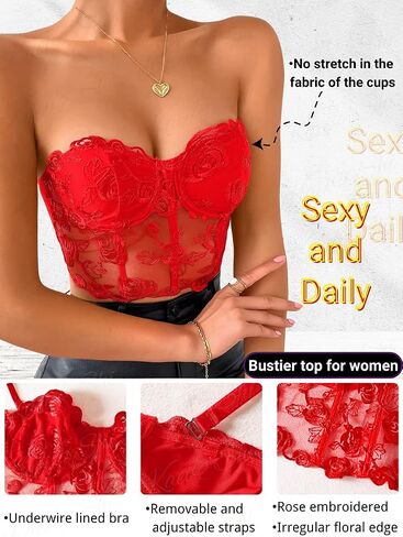 Kaei&Shi Bustier Top, Rose Embroidered, Going Out, Underwire, Removable Straps in Kuwait