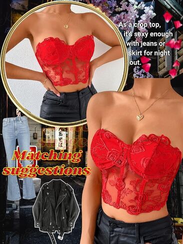 Kaei&Shi Bustier Top, Rose Embroidered, Going Out, Underwire, Removable Straps in Kuwait