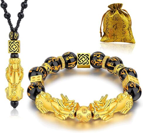 Feng Shui Black Obsidian Wealth Bracelet Necklace Pi Xiu Set，Feng Shui Bracelet for Women Men，Pi Xiu Good Luck Necklace Feng Shui Bracelet in Saudi Arabia