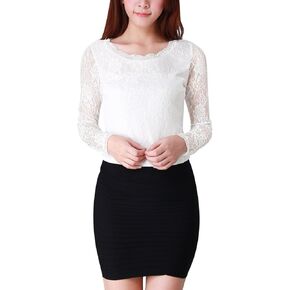 Allegra K Women's Sheer Long Sleeves Flower Embroidery Lace Top