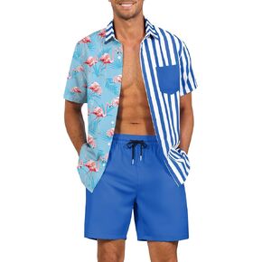LecGee الرجال قطعتين رياضية السراويل فلامنغو قصيرة الأكمام الاستوائية قميص الصيف مجموعة ملابس هاواي (الأزرق، المتوسط) in Kuwait
