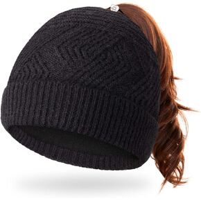 Women Winter Beanie | Adult Womens Bun and Pony Tail Hair Knit Cap | Pom Ponytail Hair Hat with Hole and Fleece Lining Pink