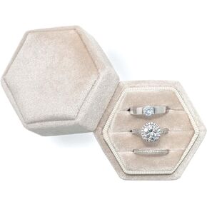 Hexagon Ring Box 3 Slots - Velvet Premium Wedding Ring Bearer Box Handmade Vintage Three Rings Holder for Proposal Engagement Ceremony Christmas Photography (Beige)