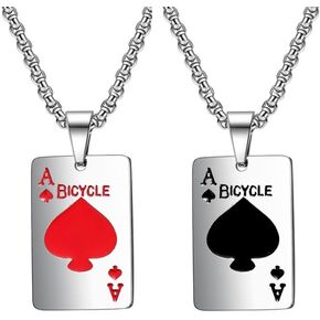 Dreuyet Playing Card Poker Tag Pendant Necklace for Women Men Punk Stainless Steel Good Luck Rock Ace of Spade Heart Royal Flush Games CZ Pendant Chain Necklace Hip Hop Unisex Jewelry Gift