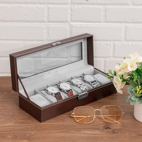 صندوق ساعة Oyydecor مكون من 6 فتحات من جلد البولي يوريثان، منظم تخزين خشبي للتخزين وعرض هدايا الأعمال للرجال والنساء (أسود2) in Kuwait