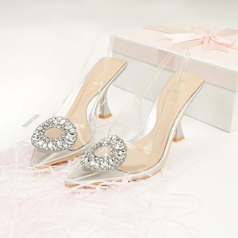 JENN ARDOR Clear Heels for Women Slingback Pointed Closed Toe Heels with Rhinestones 3 inch Comfortable Stiletto Sandals Pumps Wedding Party Dress Shoes in Saudi Arabia