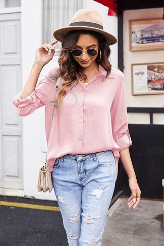 بلوزة نسائية صيفية قصيرة/طويلة الأكمام من Poetsky بأزرار سفلية فضفاضة كاجوال برقبة على شكل حرف V in Kuwait