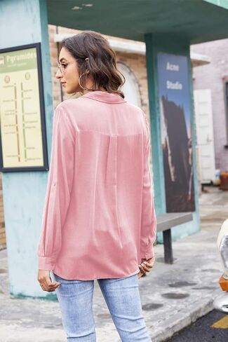 بلوزة نسائية صيفية قصيرة/طويلة الأكمام من Poetsky بأزرار سفلية فضفاضة كاجوال برقبة على شكل حرف V in Kuwait