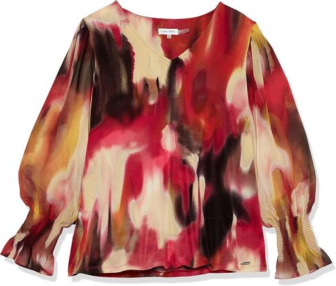 Calvin Klein Women's Plus Size Everyday Smocked Cuff Printed Long Sleeve Blouse in Saudi Arabia