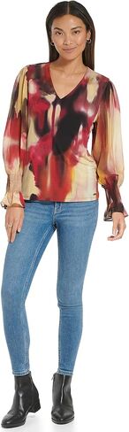 Calvin Klein Women's Plus Size Everyday Smocked Cuff Printed Long Sleeve Blouse in Saudi Arabia