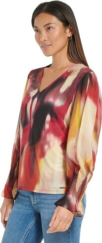 Calvin Klein Women's Plus Size Everyday Smocked Cuff Printed Long Sleeve Blouse in Saudi Arabia
