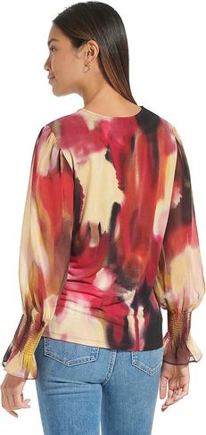 Calvin Klein Women's Plus Size Everyday Smocked Cuff Printed Long Sleeve Blouse in Saudi Arabia