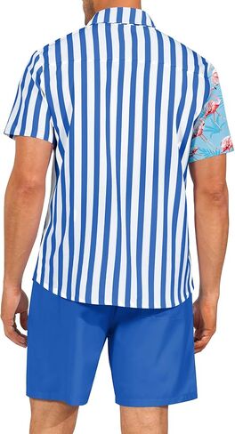 LecGee الرجال قطعتين رياضية السراويل فلامنغو قصيرة الأكمام الاستوائية قميص الصيف مجموعة ملابس هاواي (الأزرق، المتوسط) in Kuwait