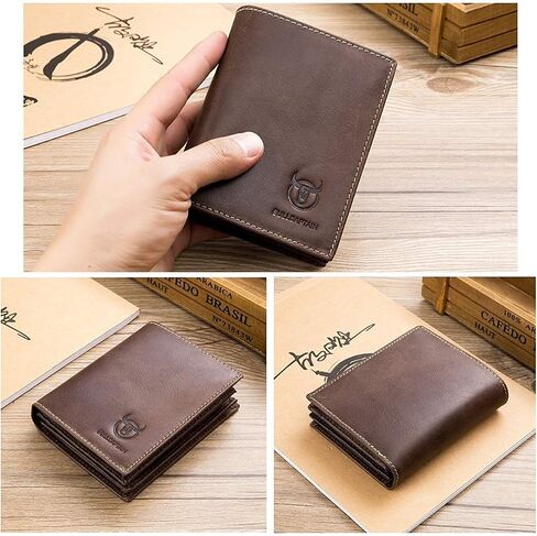 BULLCAPTAIN Genuine Leather Men Wallet RFID Blocking Bifold Wallets ID Window Credit Card Holder (Black) in Kuwait