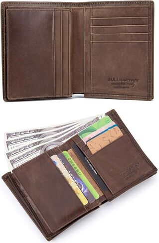BULLCAPTAIN Genuine Leather Men Wallet RFID Blocking Bifold Wallets ID Window Credit Card Holder (Black) in Kuwait