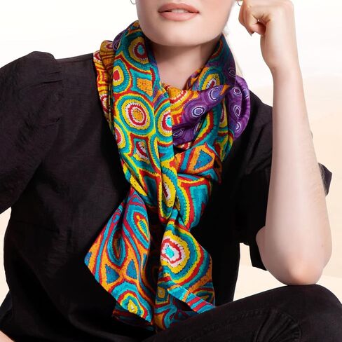 Mainie Desert Rain Long Rectangle Chiffon Scarf, Australian Aboriginal Art Print, Chiffon Silk Neck Scarves for Women Fashion, Rectangle Long Lightweight, Designer Scarves for Women Gifts Multicolor in Saudi Arabia