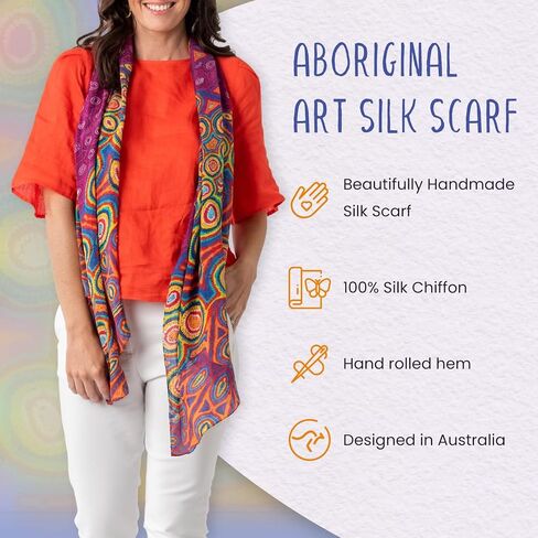 Mainie Desert Rain Long Rectangle Chiffon Scarf, Australian Aboriginal Art Print, Chiffon Silk Neck Scarves for Women Fashion, Rectangle Long Lightweight, Designer Scarves for Women Gifts Multicolor in Saudi Arabia