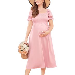 ZOMVA 2023 Plus Size Smocked Summer Maternity Dress 0X-4X Square Neck Baby Shower Short Puff Sleeve Pregnancy Dress
