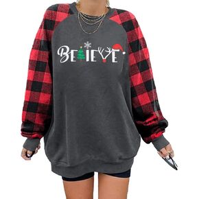 FASHGL Womens Believe Sweatshirt Merry Christmas Oversized Sweatshirt Casual Plaid Raglan Long Sleeve Pullover Xmas Gift Tops