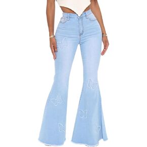 Women Bell Bottom Jeans High Waisted Flare Jean Ripped Hole Classic Denim Bell Bottom Pants in Saudi Arabia