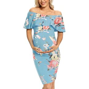 Ruffle Off Shoulder Fitted Maternity Dress, Floral Ruched Side Bodycon Formal Pregnancy Dress for Baby Shower/Photography