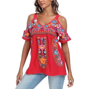 YZXDORWJ Women's Mexican Tops Cold Shoulder V Neck Sexy Blouse Short Sleeve Shirts Embroidered Floral Tunic