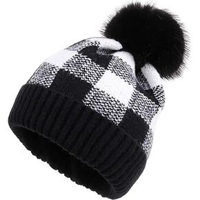 Buffalo-Plaid-Cuff Beanie-Hat with-Pom Winter-Soft-Stretch-Beanie - Thick Chunky Warm Knit Cap