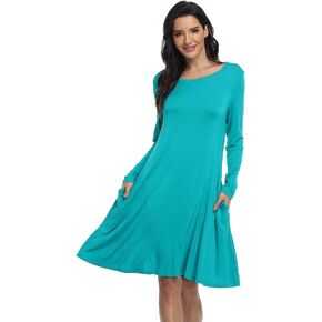 VintageClothing Women's Casual T Shirt Dresses Loose Long Sleeve Swing Dress with Pockets