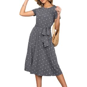 levaca Women's Short Sleeve Striped Casual Flowy Midi Belt Dress with Pockets