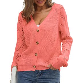 Women's V-Neck Cropped Knit Cardigan Sweater Casual Open Front Long Sleeve Shrugs Tops Button Down