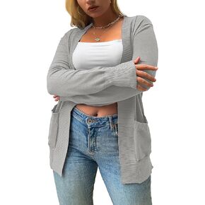 VOIANLIMO Women’s Cardigan with Pockets Open Front Long Sleeve Knit Plus Size Cardigans Sweater for Women, 0X-4X