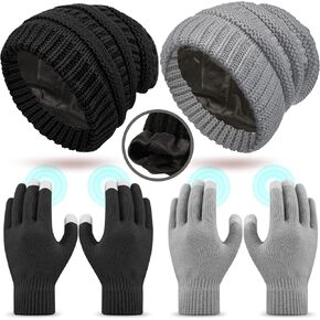 Breathffy 4 قطعة النساء الشتاء Saitn اصطف قبعة متماسكة قبعة لمس قفازات مجموعة الحرير بطانة لينة القبعات الدافئة قفازات للنساء in Saudi Arabia