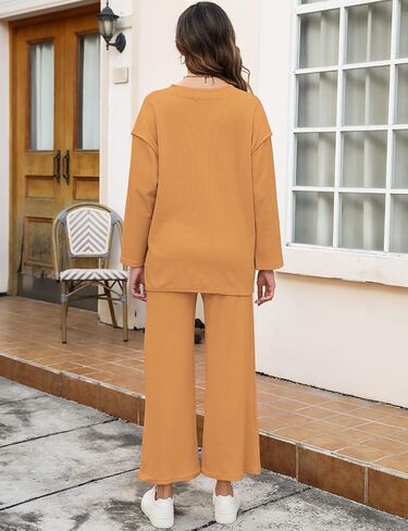 ROYLAMP Womens Fall 2 Piece Outfits Oversized Long Sleeve Button Crew Neck Top Long Pant Trendy Lounge Sweatsuit in Saudi Arabia