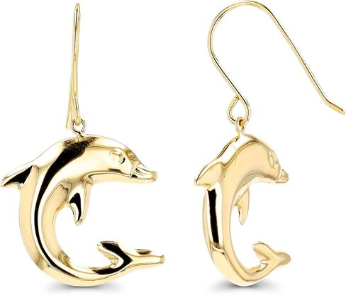 14K Yellow Gold High Polished Dolphins Hoop Earrings with Hinged Clasp | Dolphin Jewelry | Earrings For Sensitive Ears | Beautiful Hoop Earrings for Women | Solid Gold Earrings For Women and Girls in Kuwait
