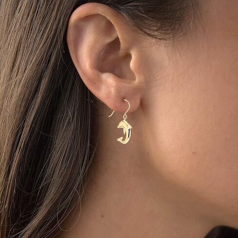14K Yellow Gold High Polished Dolphins Hoop Earrings with Hinged Clasp | Dolphin Jewelry | Earrings For Sensitive Ears | Beautiful Hoop Earrings for Women | Solid Gold Earrings For Women and Girls in Kuwait