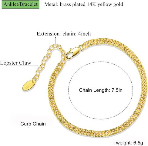 VOLUKA 14K Yellow Gold Plated Anklet Bracelets Chain for Women Men Adjustable Links 11 inches in Kuwait