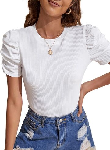Remidoo Puff Sleeve Tops for Women Short Sleeve Top Casual Crewneck Rib Knit Fitted T Shirt in Kuwait