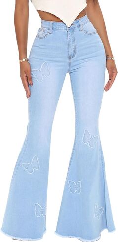 Women Bell Bottom Jeans High Waisted Flare Jean Ripped Hole Classic Denim Bell Bottom Pants in Kuwait
