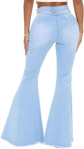 Women Bell Bottom Jeans High Waisted Flare Jean Ripped Hole Classic Denim Bell Bottom Pants in Kuwait