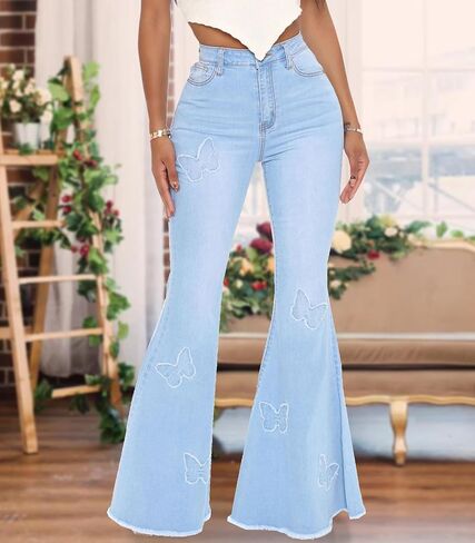 Women Bell Bottom Jeans High Waisted Flare Jean Ripped Hole Classic Denim Bell Bottom Pants in Kuwait