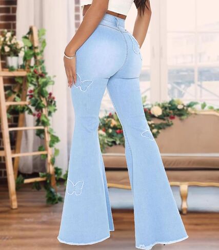Women Bell Bottom Jeans High Waisted Flare Jean Ripped Hole Classic Denim Bell Bottom Pants in Kuwait