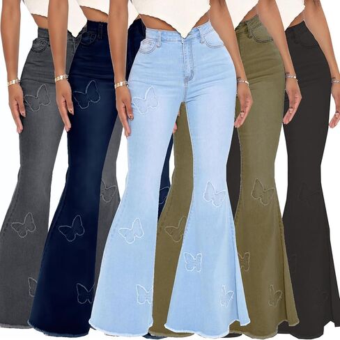 Women Bell Bottom Jeans High Waisted Flare Jean Ripped Hole Classic Denim Bell Bottom Pants in Kuwait