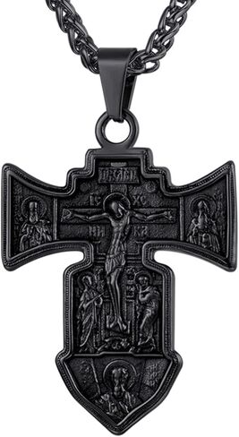 U7 الروسية الأرثوذكسية الصليب قلادة / أيدي الصلاة / علامة Ichthys للرجال النساء الفولاذ المقاوم للصدأ 18K مطلية بالذهب يسوع قلادة القلائد الدينية المسيحية، طول 22 "الفضة الذهب الأسود in Saudi Arabia