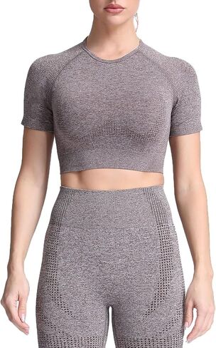 Aoxjox Women's Workout Vital Short Sleeve Seamless Crop Top Yoga Gym Sport Shirts T Shirt in Kuwait